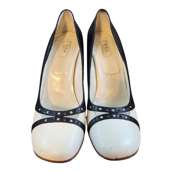 Furla 3" heels womens sz 9 eu sz 39.5 leather Black and white - Picture 1 of 16